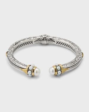 Sterling Silver and 18K Gold Pearl Bangle Bracelet