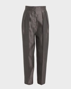 Shantung Silk Pleated Straight-Leg Trousers