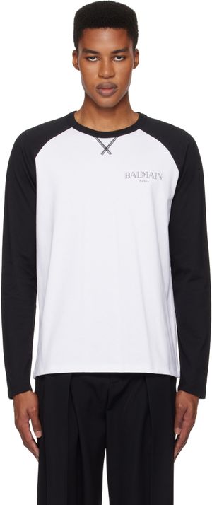 Balmain T-shirt à manches raglan longues blanc et noir à images de lèvres