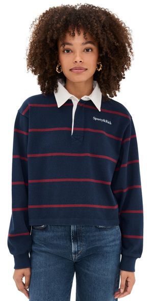 Sporty & Rich Serif Logo Rugby Polo Dark Navy/White/Merlot XS