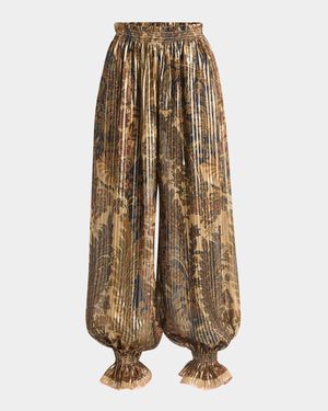 Metallic Voyage Pleated Wide-Leg Pull-On Pants