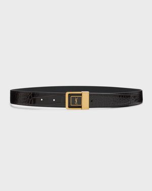 Croc-Embossed Leather Square Buckle Belt