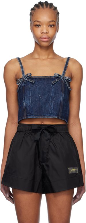 GANNI Blue Crinkled Future Denim Strap Top