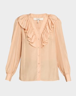 Ruffled V-Neck Silk Blouse