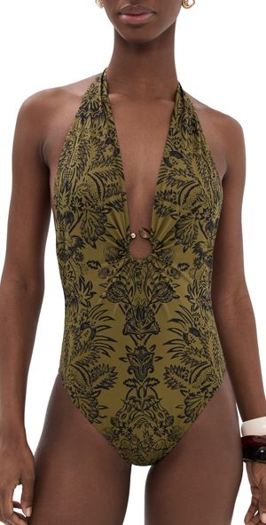 Ulla Johnson Milos Halter Maillot Swimsuit OLIVE FLORA XL