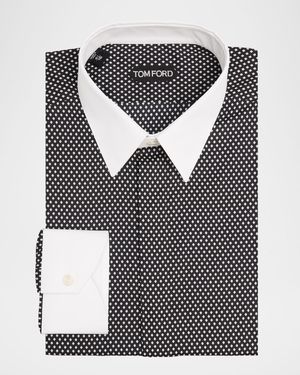 Men's Cotton Diamond-Print Contrast Collar-Cuff Dress Shirt