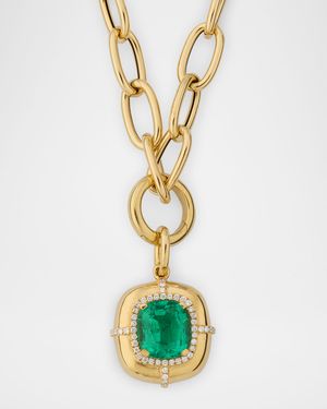 Limited Edition 18K Yellow Gold Emerald Cushion Cut Pendant Necklace with Diamonds, 18"L