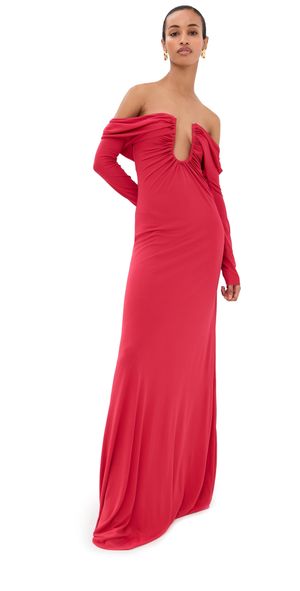 Christopher Esber Arced Palm Strapless Shawl Gown Cranberry 12