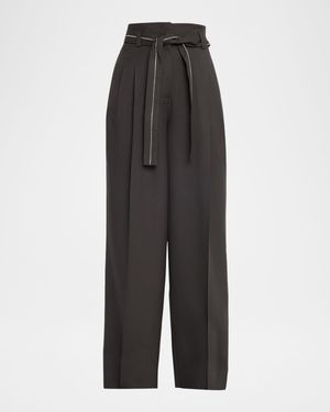 Belted Wide-Leg Wool Flannel Trousers