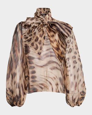 Peregrine Animal Print Silk Tie-Neck Blouse
