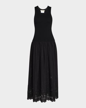Ennaya Sleeveless Eyelet Mixed Media Midi Dress