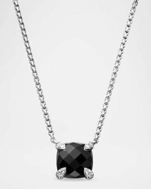 Chatelaine Cushion Pendant Necklace with Gemstone and Diamonds in Silver, 8mm, 16-18"L