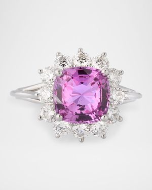 Estate Platinum Pink Sapphire Cushion and Diamond Halo Ring, Size 7