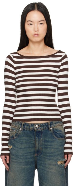 Frankies Bikinis Brown & Off-White Theo Striped Knit Sweater