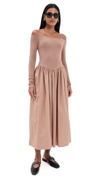 LE BOP Colette Mixed Fabric Off Shoulder Dress Latte S