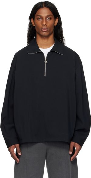 Solid Homme Black Half Zip Up Band Neck Sweatshirt