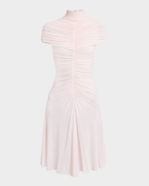 Mock-Neck Gathered Cap-Sleeve Dress