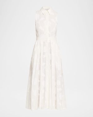 Pleated Floral Burnout Midi Shirtdress