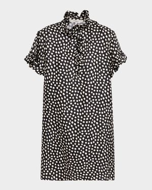 Dots Silk Jacquard Ruffle Short-Sleeve Mini Dress