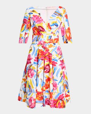 Painter Blossoms Pique Draped Dress