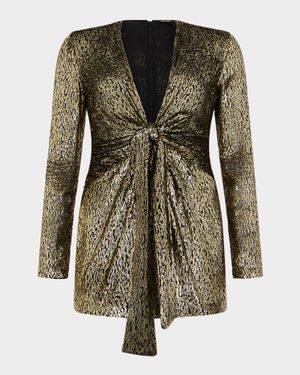 Knotted Metallic Velvet Jacquard Long-Sleeve Mini Dress