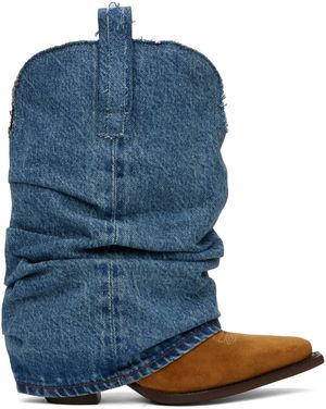 R13 Tan & Blue Low Rider Cowboy Denim Boots