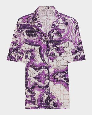 Majolica-Printed Crochet Lace Camp Shirt