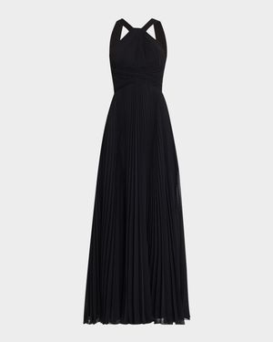 Pleated Twist-Front A-Line Halter Gown