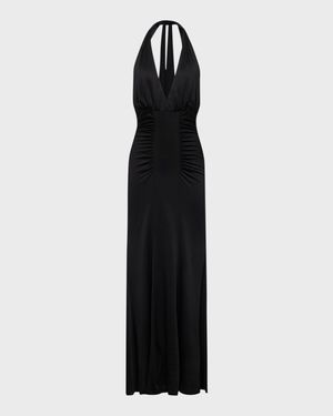 Makayla Ruched Deep V-Neck Halter Maxi Dress