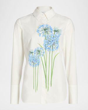 Allium-Print Cotton Stretch Button-Down Shirt