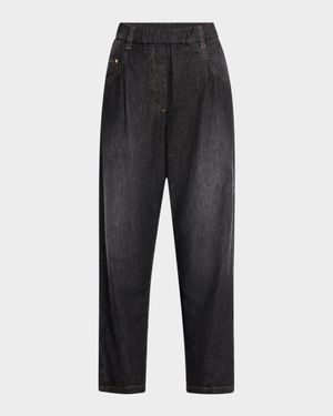 Pleated Tapered-Leg Crop Pull-On Pants