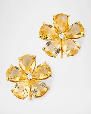 18K Yellow Gold Flower Earrings with Yellow Sapphire and Diamonds