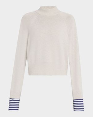 Mock-Neck Striped-Cuff Cashmere Knit Sweater