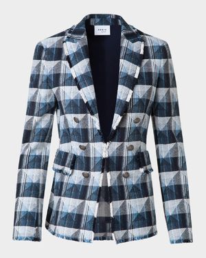 Rhombus Jacquard Denim Blazer with Double Breast Illusion