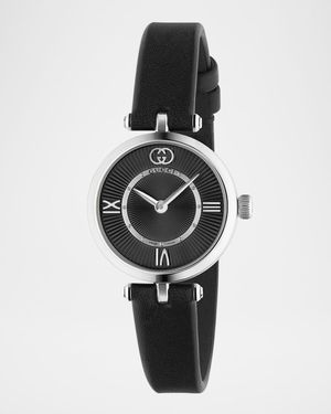 Stainless Steel Model 2000 24mm Watch with Black Leather Strap