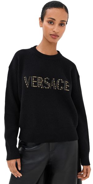Versace Studs Logo Embroidery Wool Knit Sweater Black 42