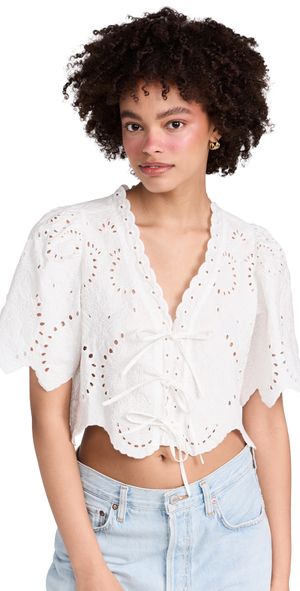 Moon River Puff Sleeve Eyelet Top With Front Ties Ivory L