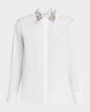 Crystal Collar Cotton Button-Down Shirt