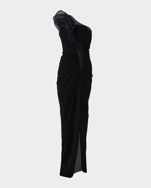 One-Shoulder Draped Ruffle Gown
