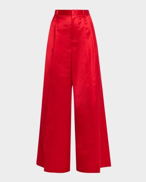 Pleated Wide-Leg Satin Pants