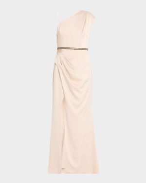 One-Shoulder Draped Crepe Back Satin Gown