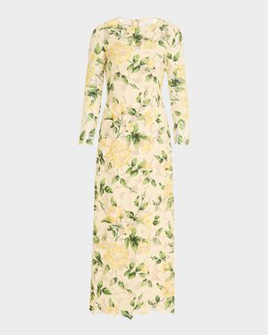 Long-Sleeve Printed Garden Rose Guipure Maxi Dress