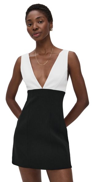 alice + olivia Mandy Deep Plunge Neck Mini Dress Black/Off White 6