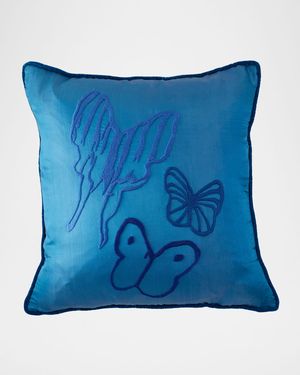Hand-Embroidered Silk Pillow with Velvet Back, 22" Square
