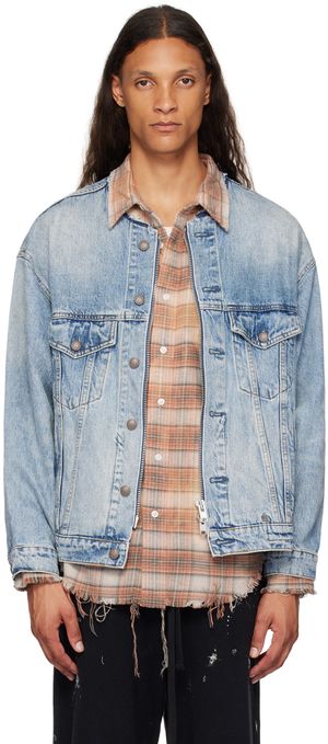 R13 Blouson camionneur bleu en denim sans col