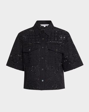 Spruce Button-Front Eyelet Top