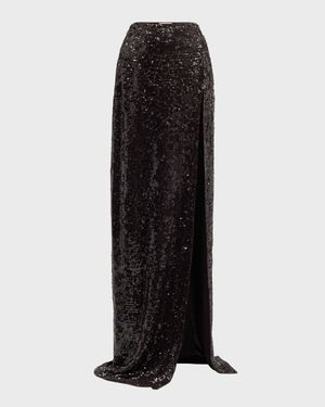 High-Waist Sequined Thigh-Slit Maxi Skirt