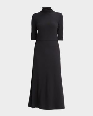 Elbow-Sleeve Turtleneck Midi Dress