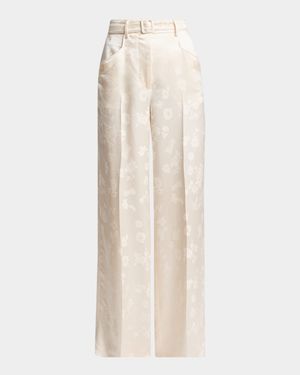 Norman Floral Satin Jacquard Wide-Leg Pants With Belt