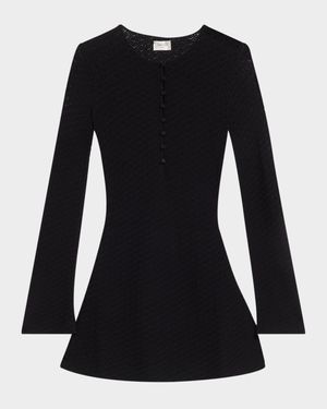 Buttoned Long-Sleeve Knit Mini Dress